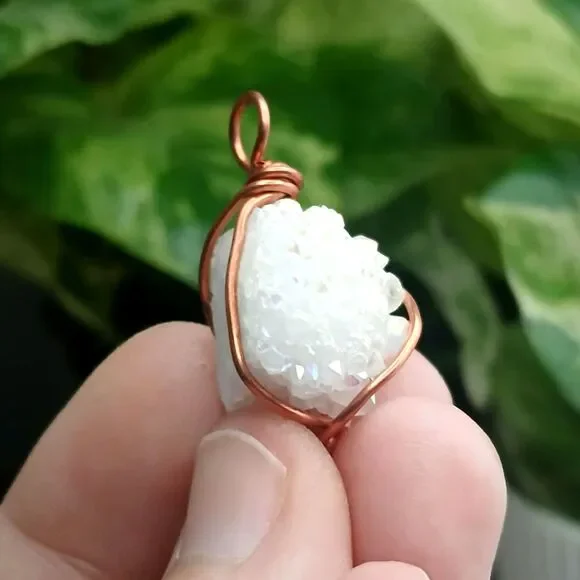 Aura Quartz Crystal Cluster Pendant, Copper Wire Pendant, Gemstone, 1" - Picture 3 of 4